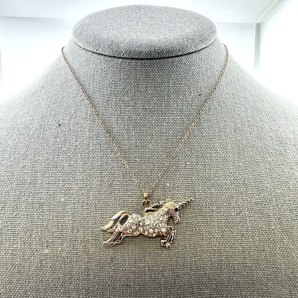 Unicorn Pendant Necklace Rhinestone Gold Tone 1-3/4" Pave Crystal 15" GF Chain - Picture 7 of 11